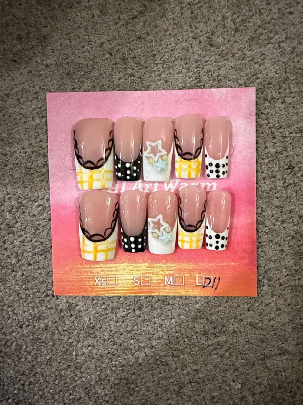 Acrylic handmade press on Nail Set with Yellow Plaid & Black Polka Dot Accents